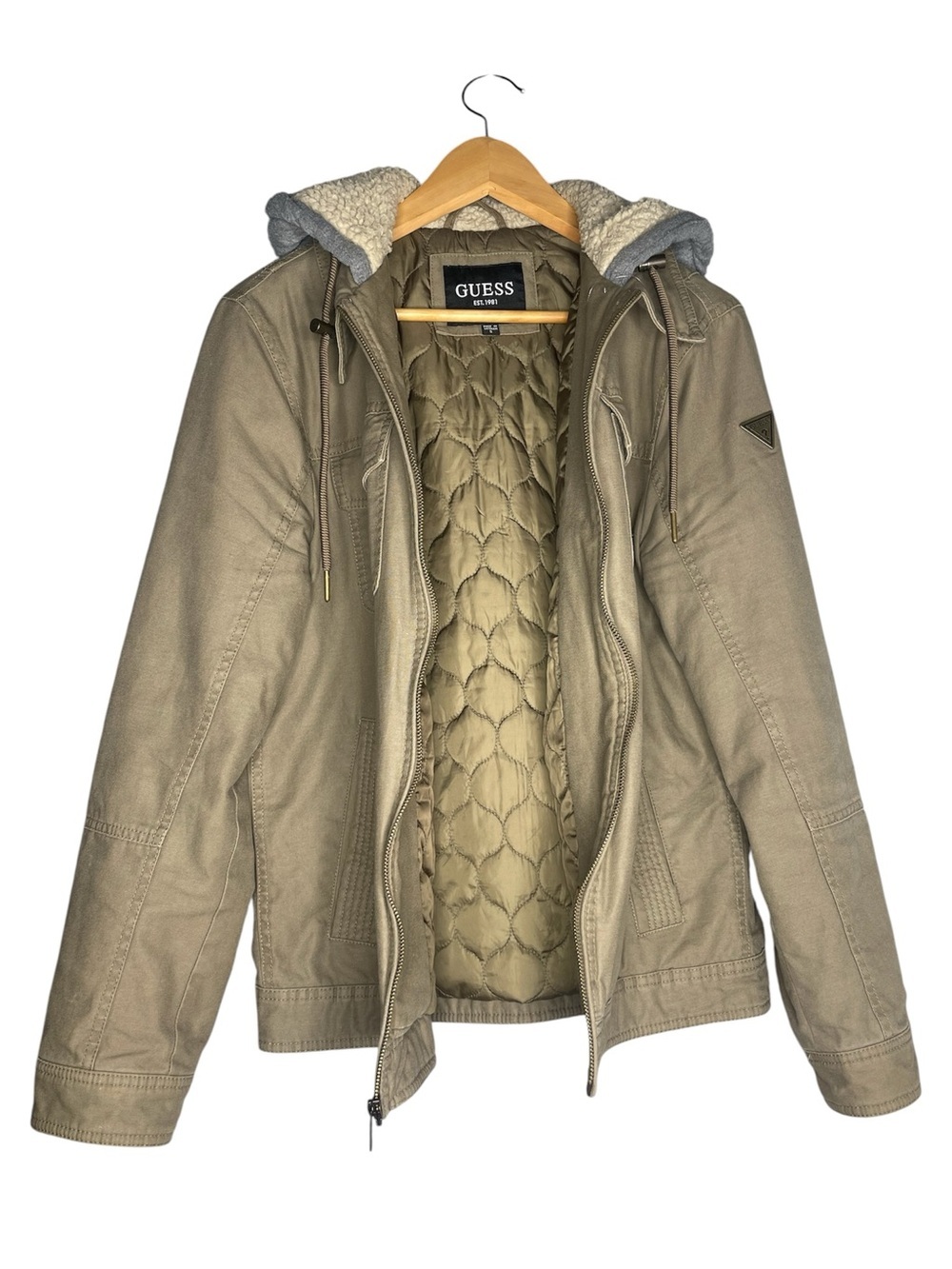 GUESS Men’s Sherpa Lined Hooded Canvas Utility Field Jacket Khaki Tan Brown S